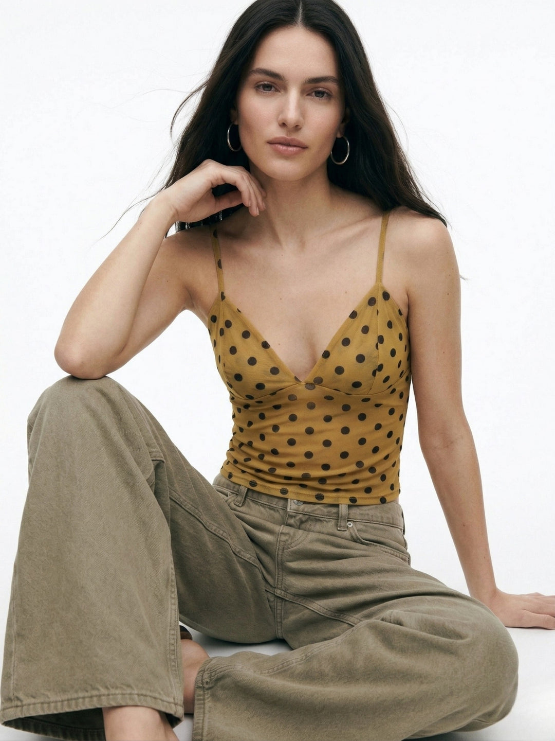 Yellow Spaghetti Strap Polka Printed Top