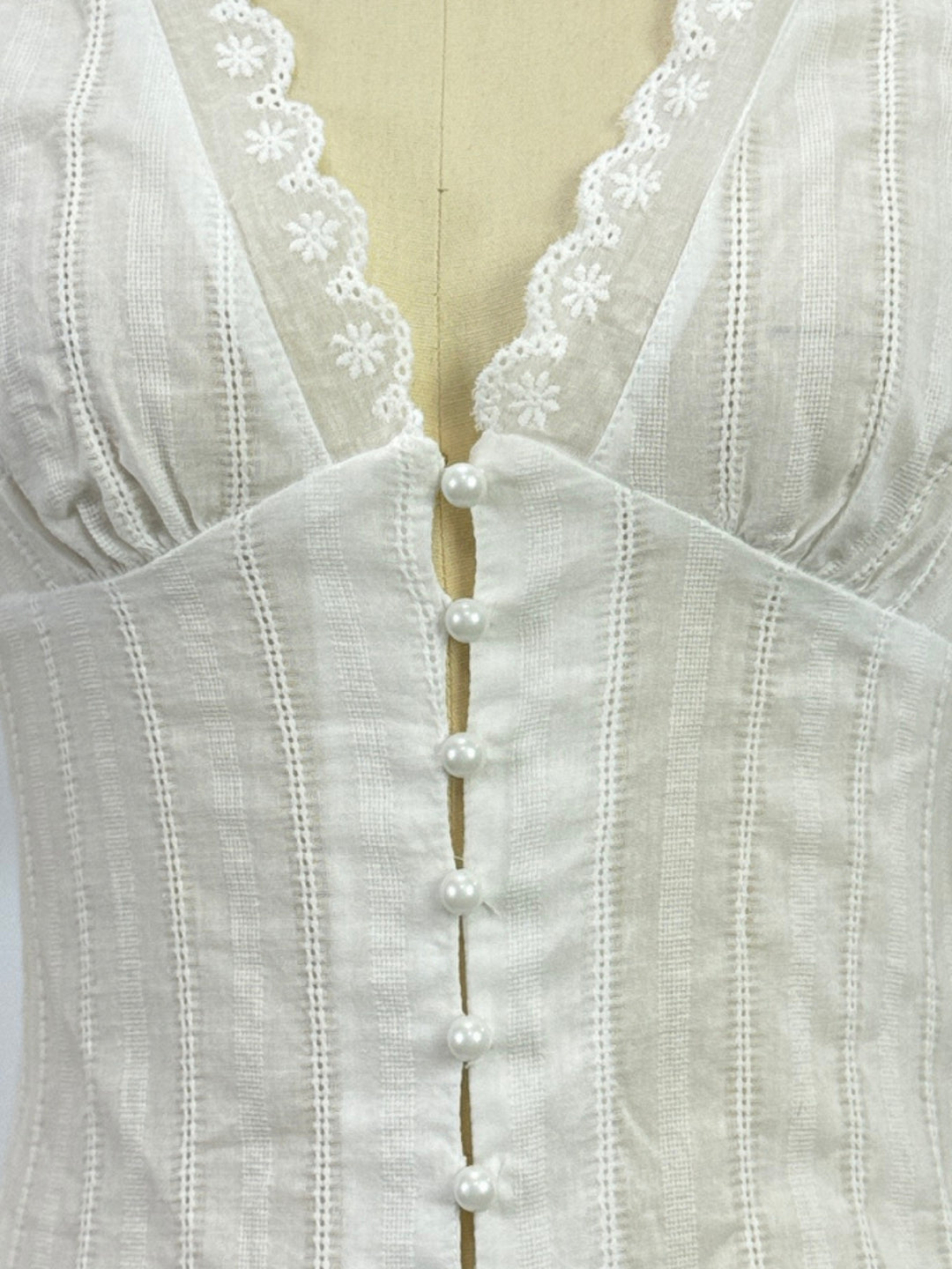 White Button Down Blouse With Lace Inserts On The Neck