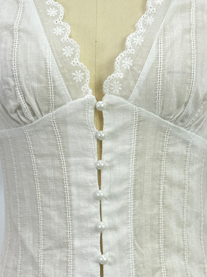 White Button Down Blouse With Lace Inserts On The Neck