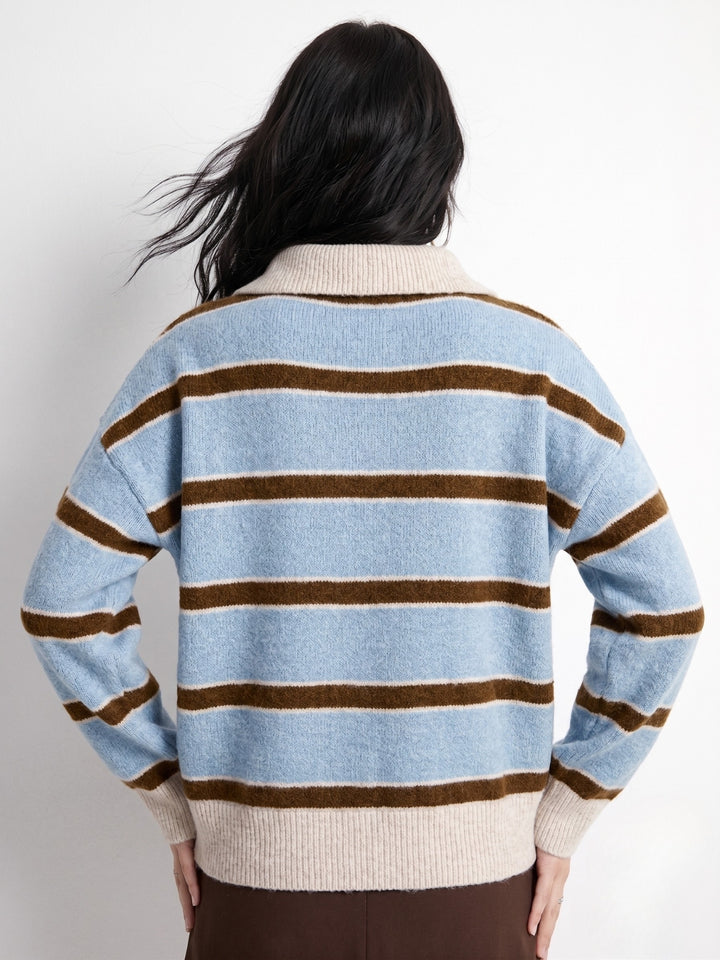 Blue Thick Striped Button Down Collared Sweater