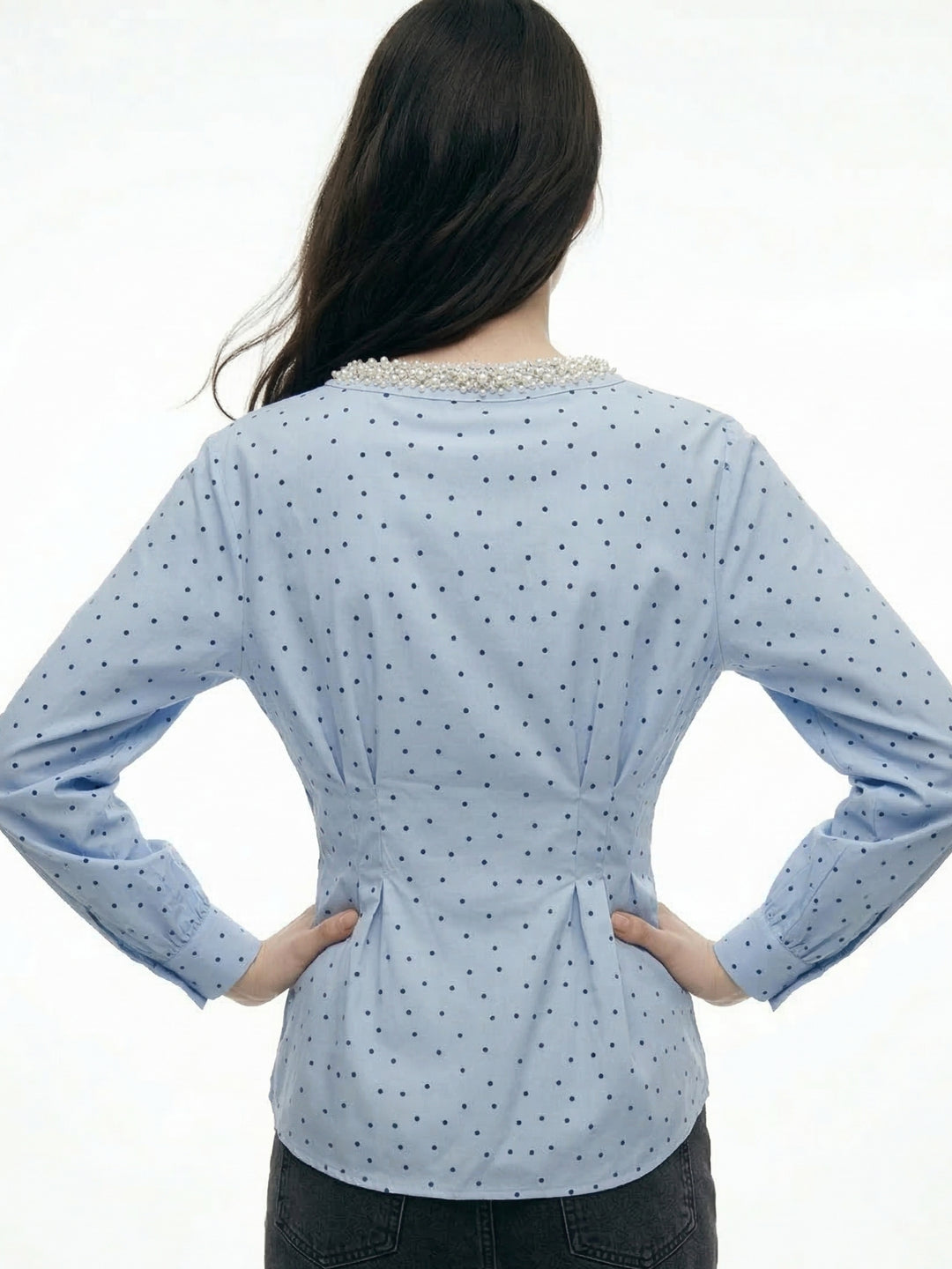 Light Blue Waist Fitted Stone Studded Top