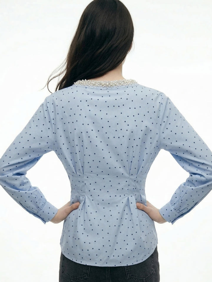 Light Blue Waist Fitted Stone Studded Top