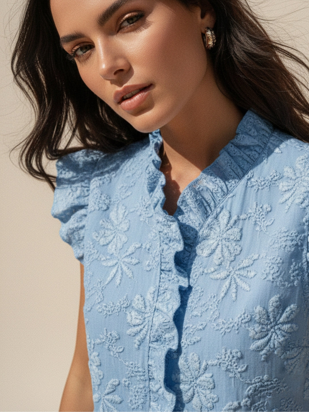 Blue Ruffle Neckline Textured Fabric Top