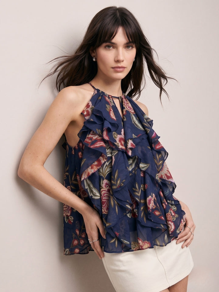 Navy Blue Halter Neck Ruffles Flared Printed Top