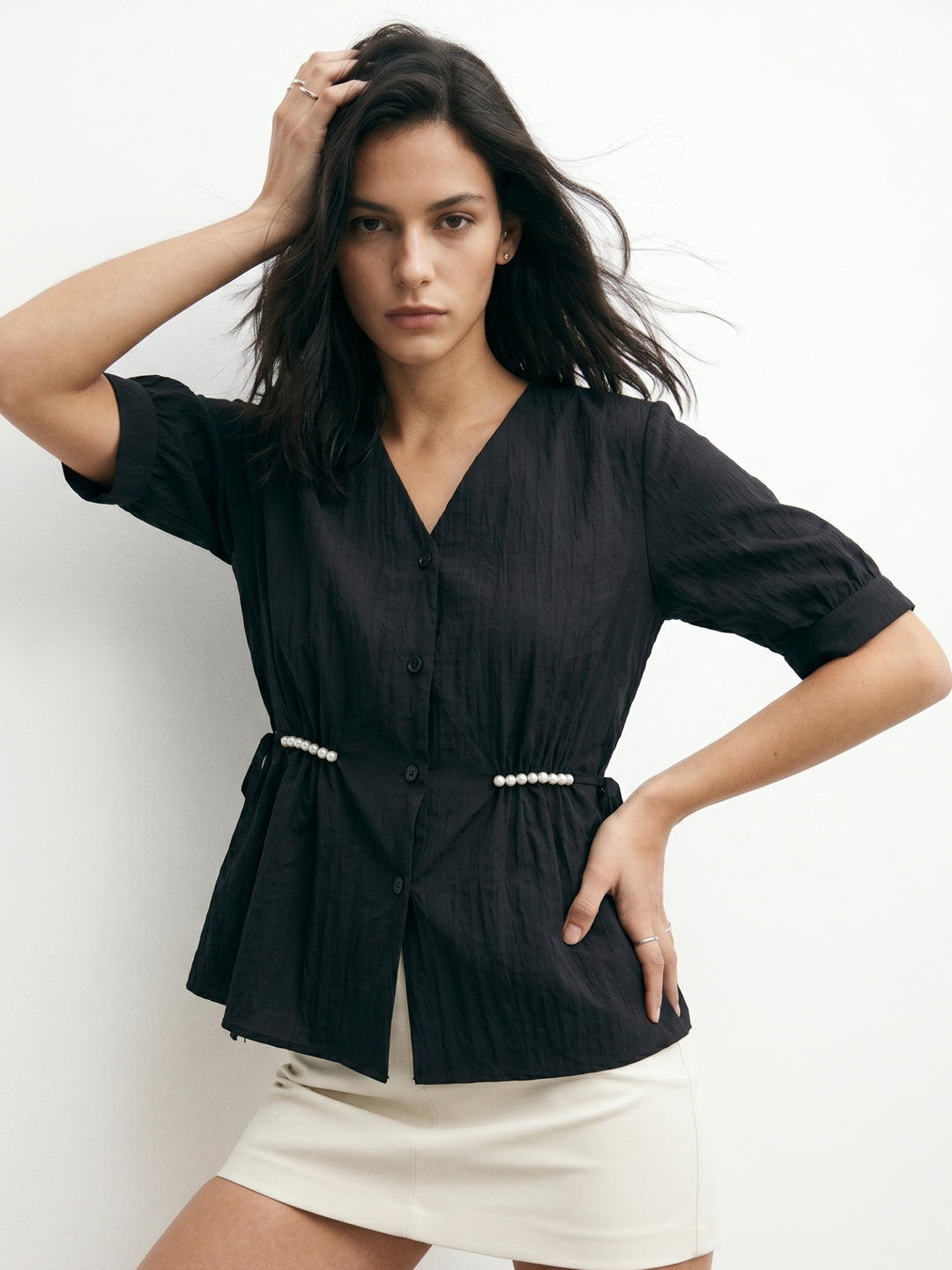 Black Waist Cinched Front Buttoned Top