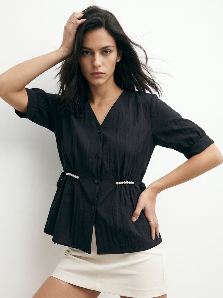 Black Waist Cinched Front Buttoned Top
