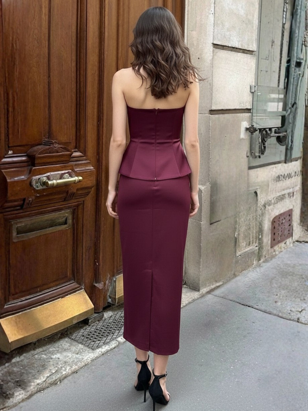 Burgundy Halter Neck Top With Skirt Co-Ord Set