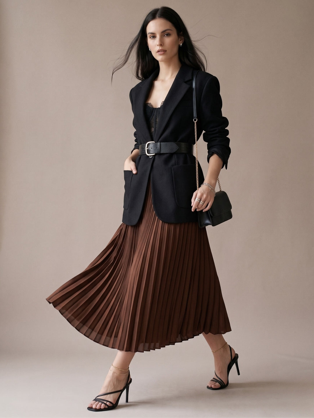 Brown Flowy Pleated Skirt