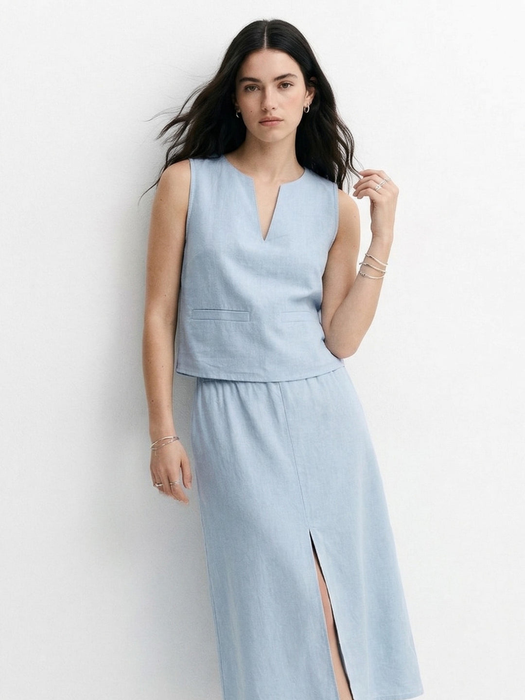 Blue Sleeveless Top And Skirt Set