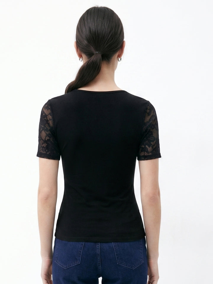 Black Lace Sleeve Buckle Detail Top