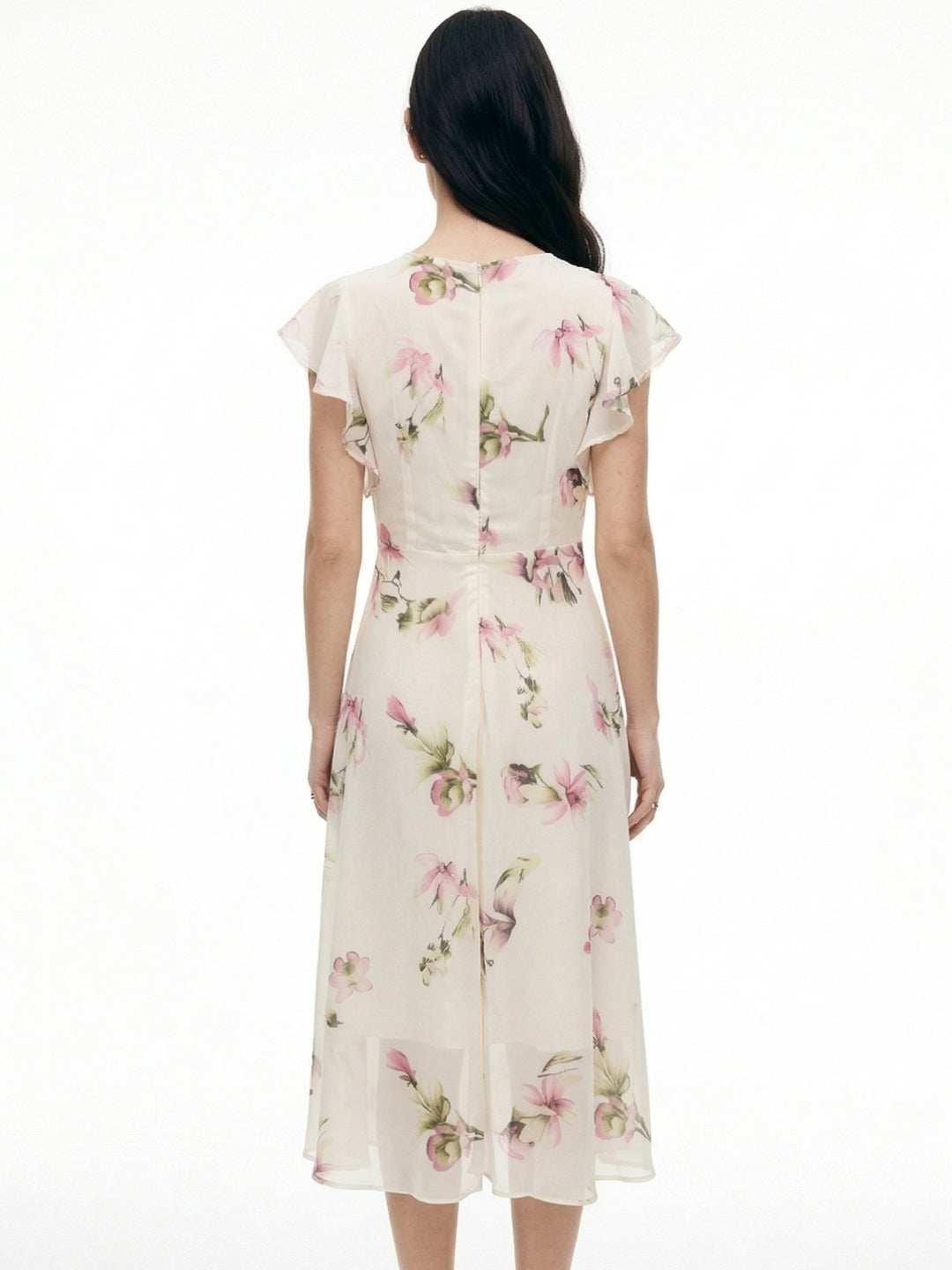 White Flutter Sleeved Printed Midi