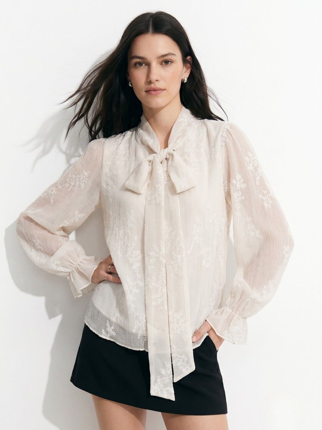 Off White High Neck Floral Lace Top With Neck Tie Up Detail