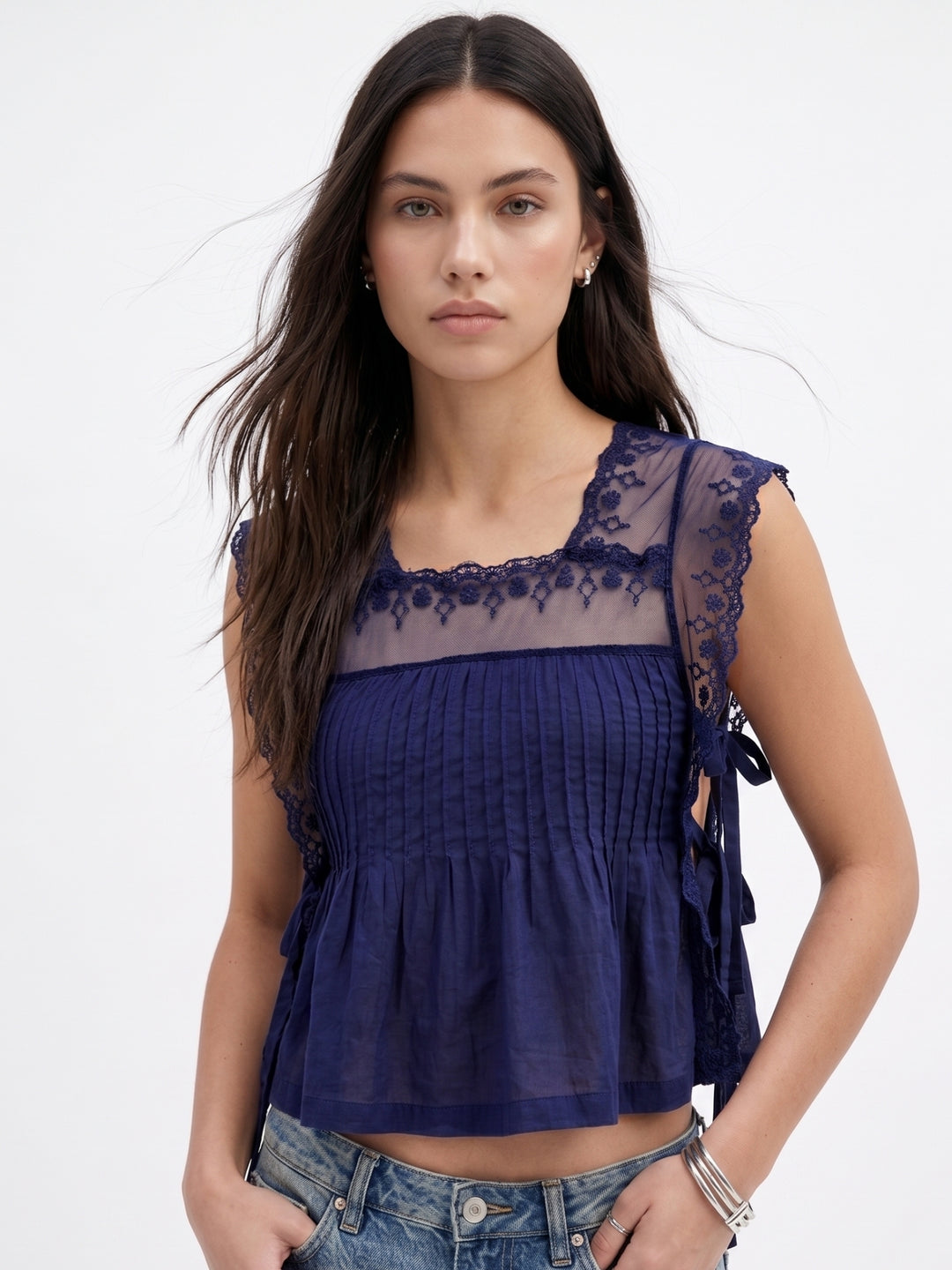Blue Lace Detail Side Tie-Up Top