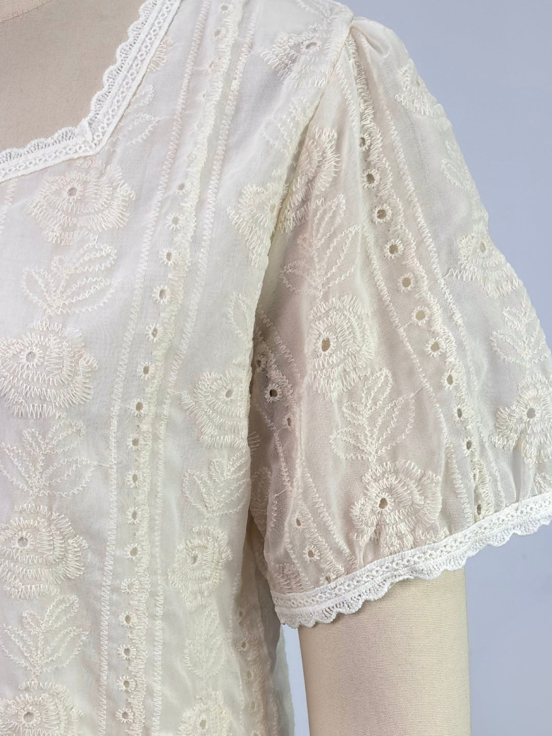 Cream Textured Lace Detail Front Buttoned Top