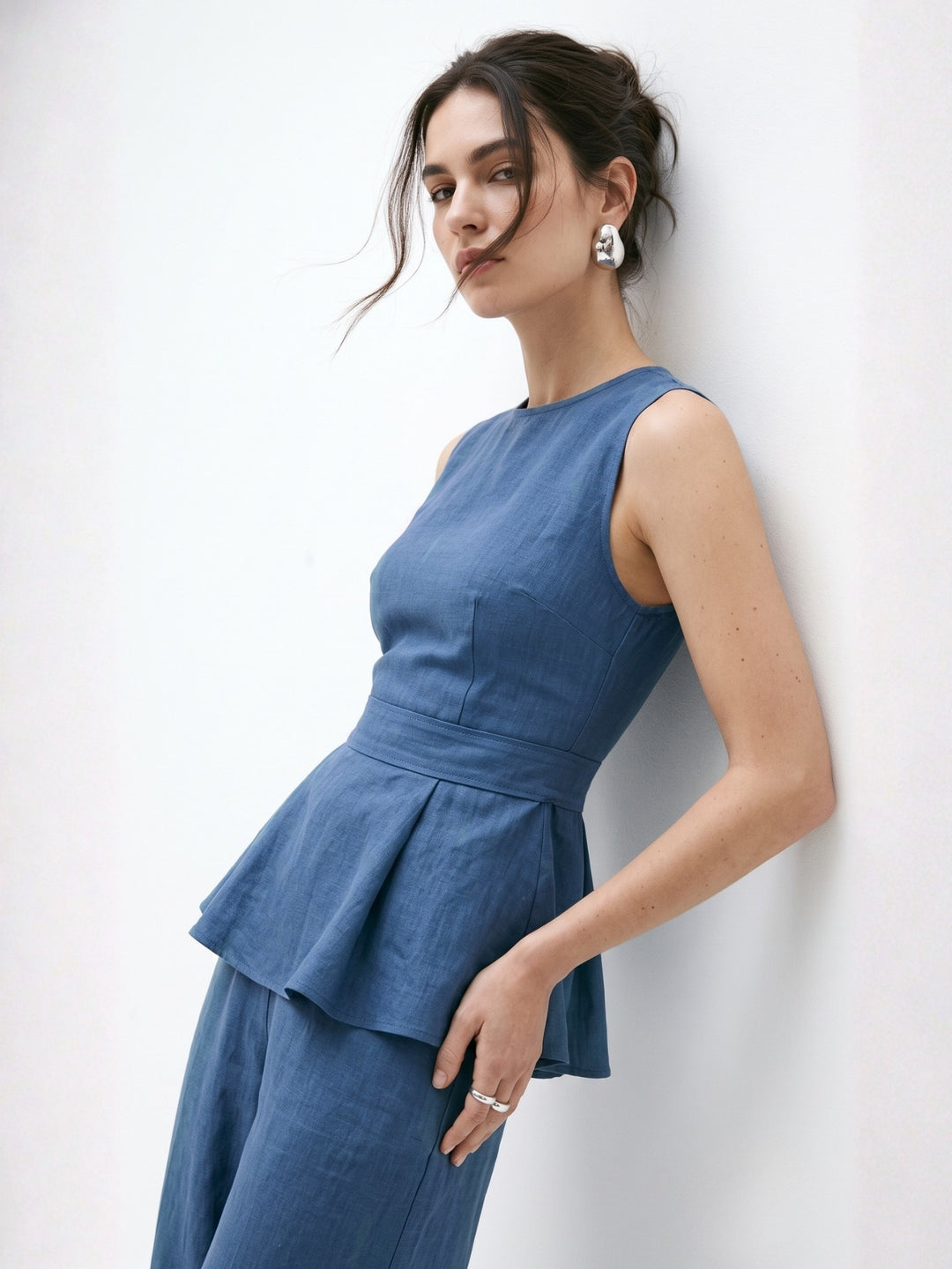 Blue Peplum Top With Wide Leg Trousers Co-Ord Set