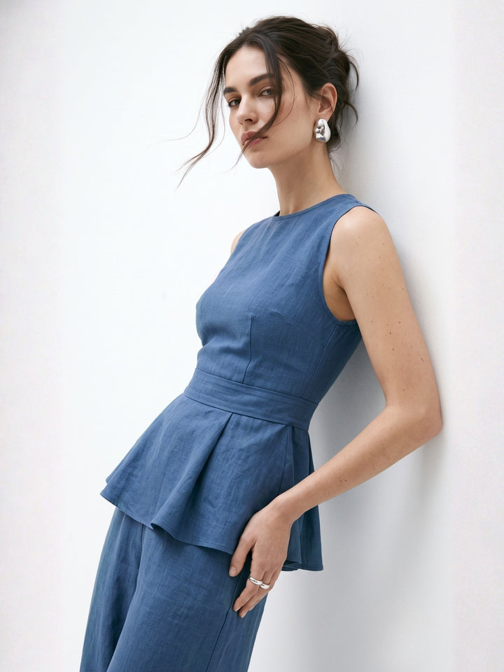 Blue Peplum Top With Wide Leg Trousers Co-Ord Set