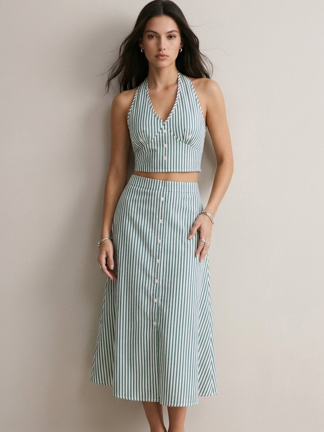 Aqua Halter Neck Striped Top & Skirts Sets