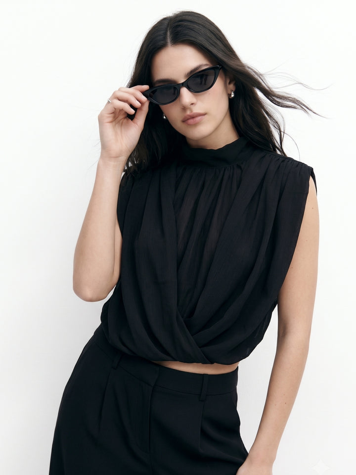 Black Sleeveless Draped Mock Neck Top