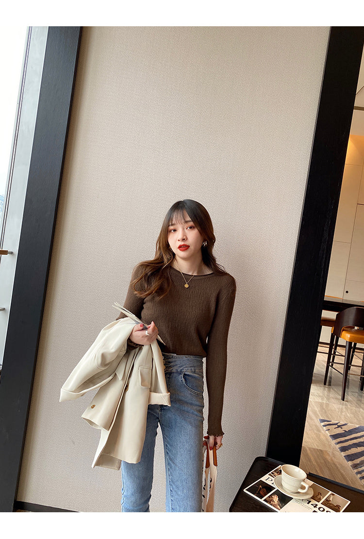 Brown Full Sleeve Scallop Hem Mock Neck Fitted Top