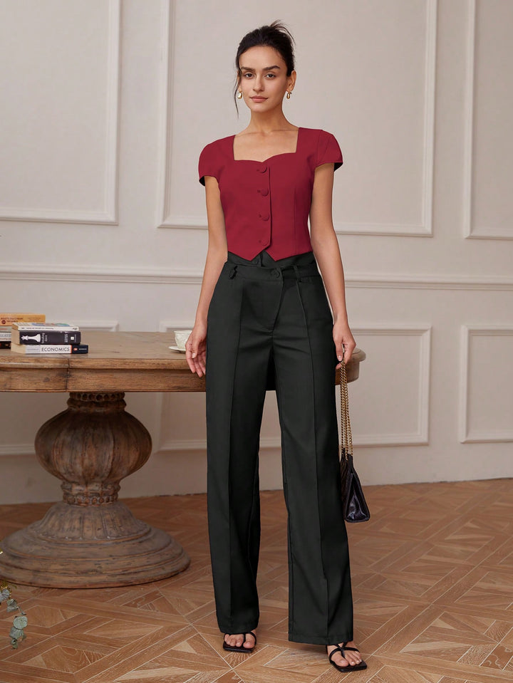 Red Front Button Top