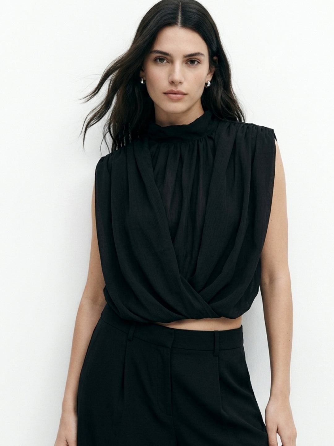 Black Sleeveless Draped Mock Neck Top