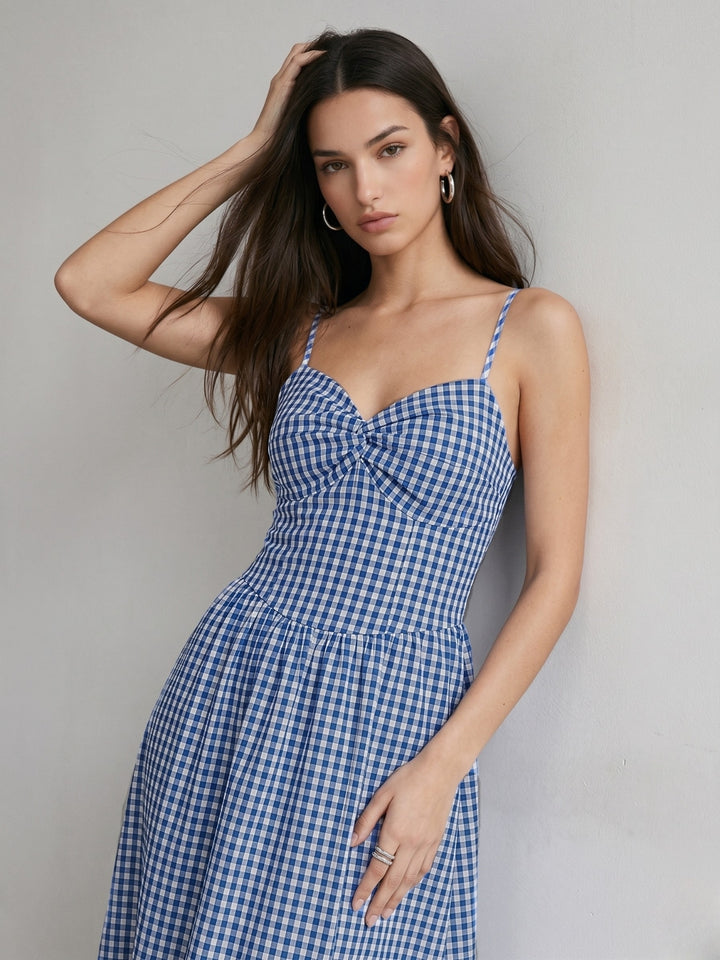 Blue Spaghetti Strap Corset Fit Checkered Dress