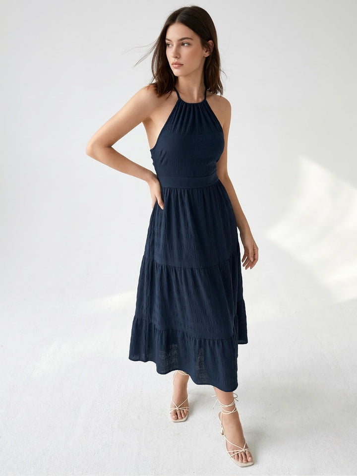 Navy Blue Halter Neck Tiered Dress