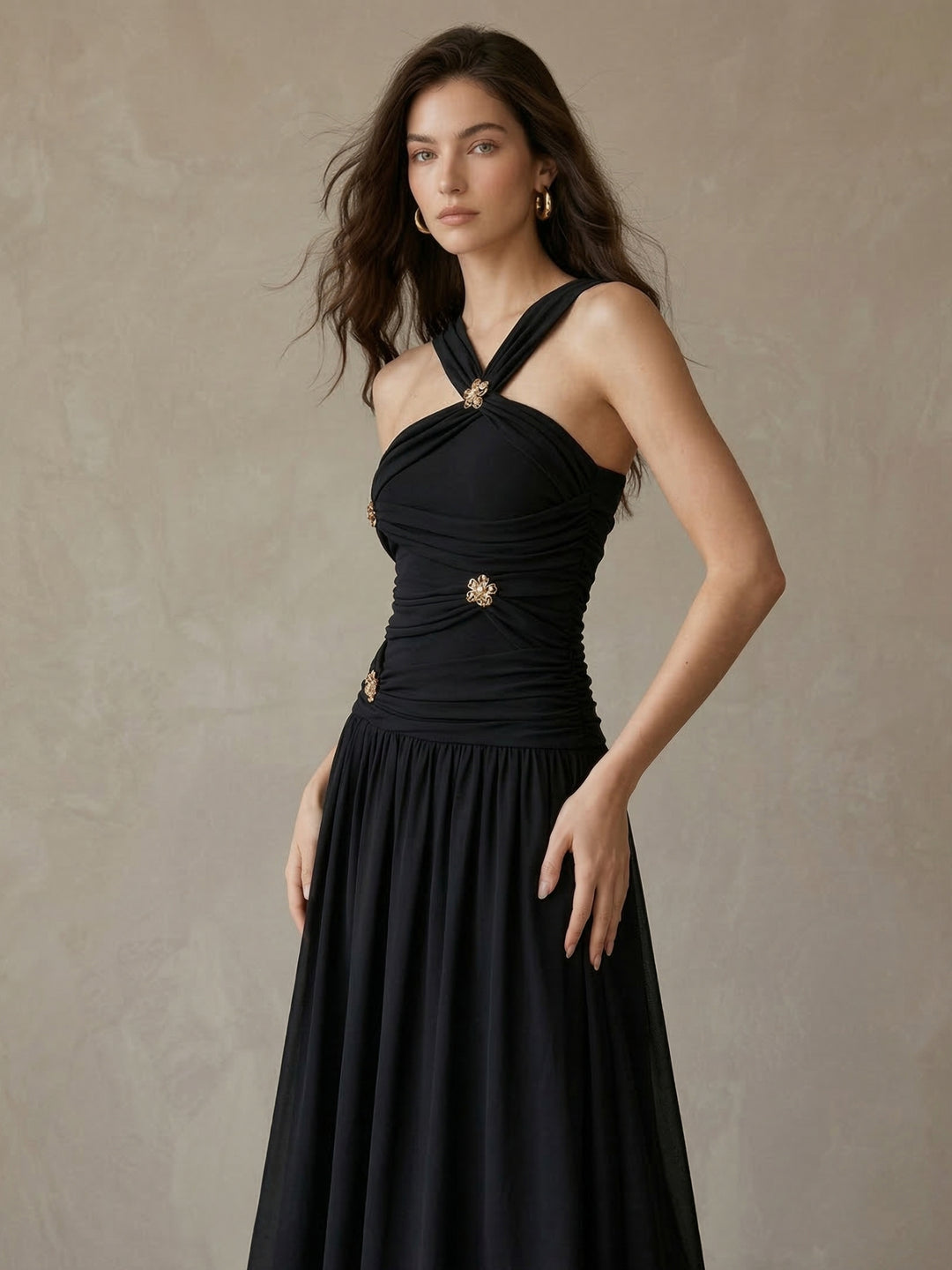 Black Halter Neck Trim Detail Dress