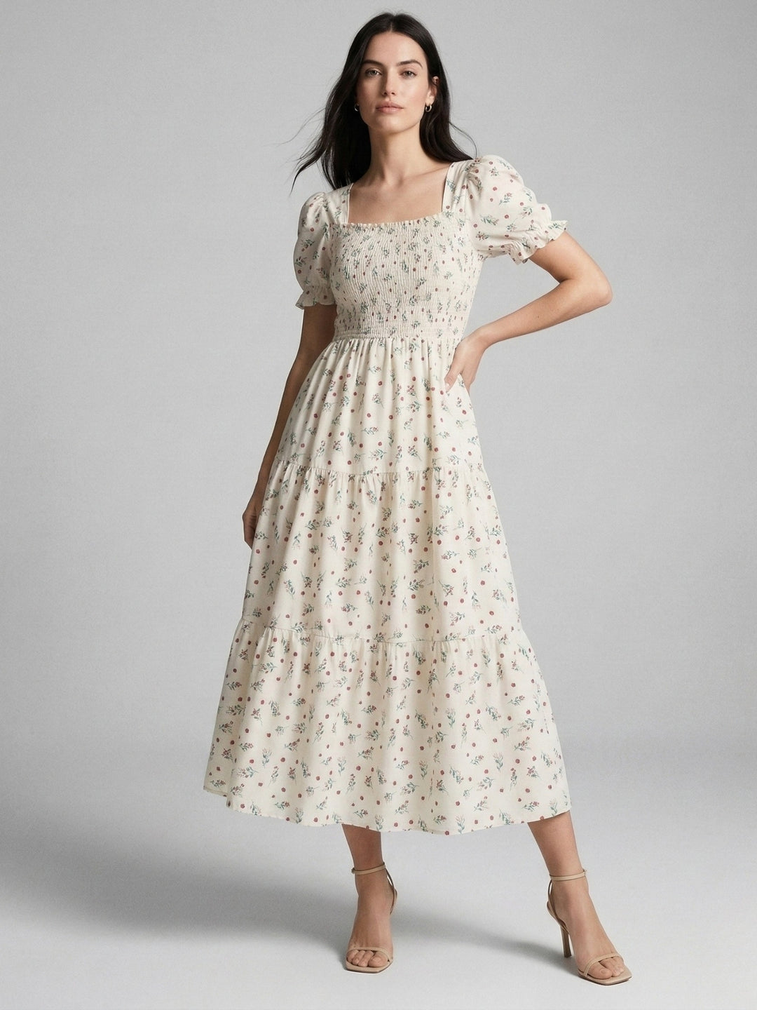 Cream Short Sleeve Square Neck Dress
