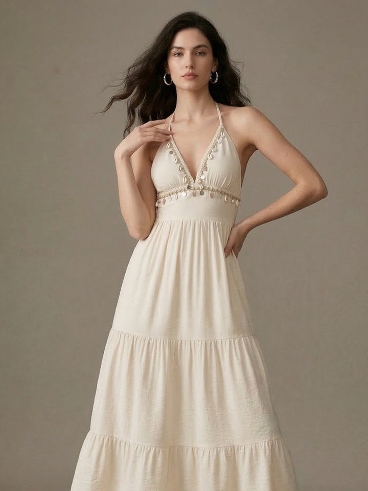 Cream Halter Neck Waist Fitted Tiered Dress