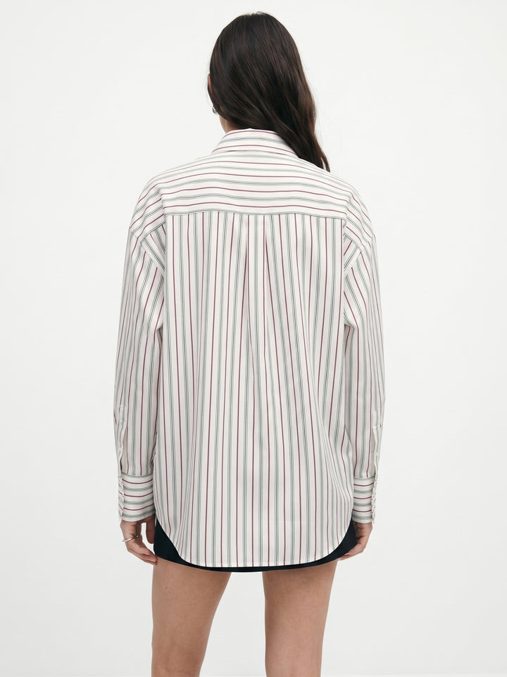 Off White Neck Tie-Up Front Buttoned Striped Shirt