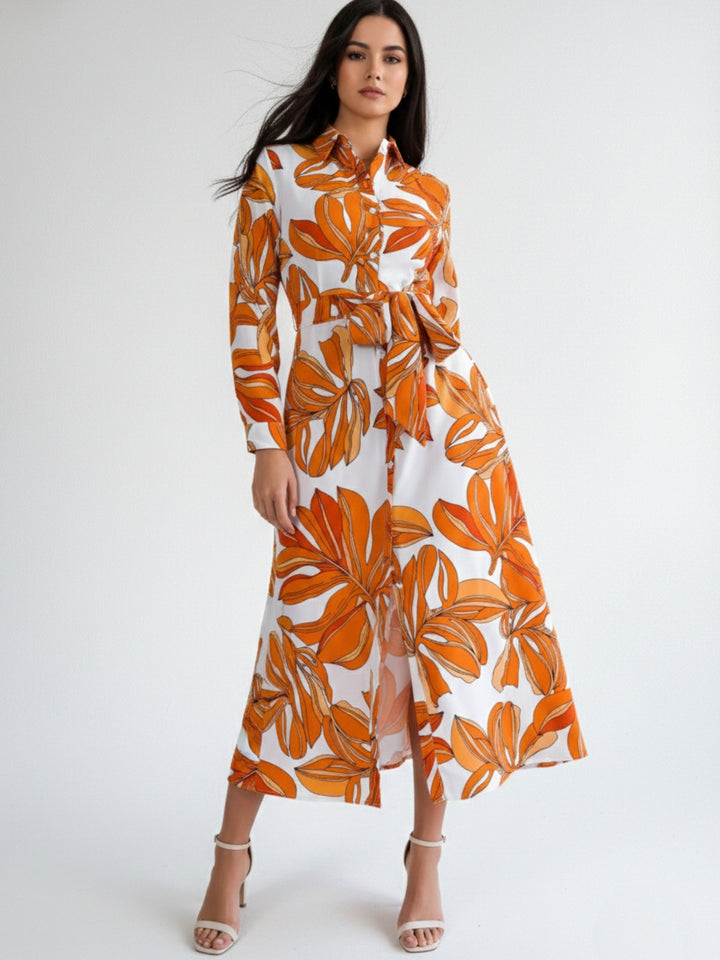 Orange Printed Shirt Tie Up Midi Dress