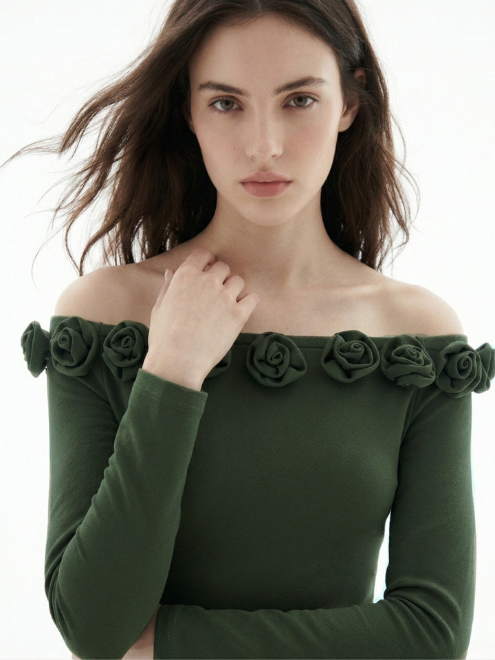 Olive Off-Shoulder Full Sleeved Top With Floral Embellishments