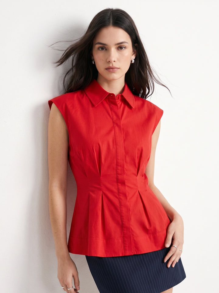 Red Waist Fitted Collared Neck Front Buttoned Shirt