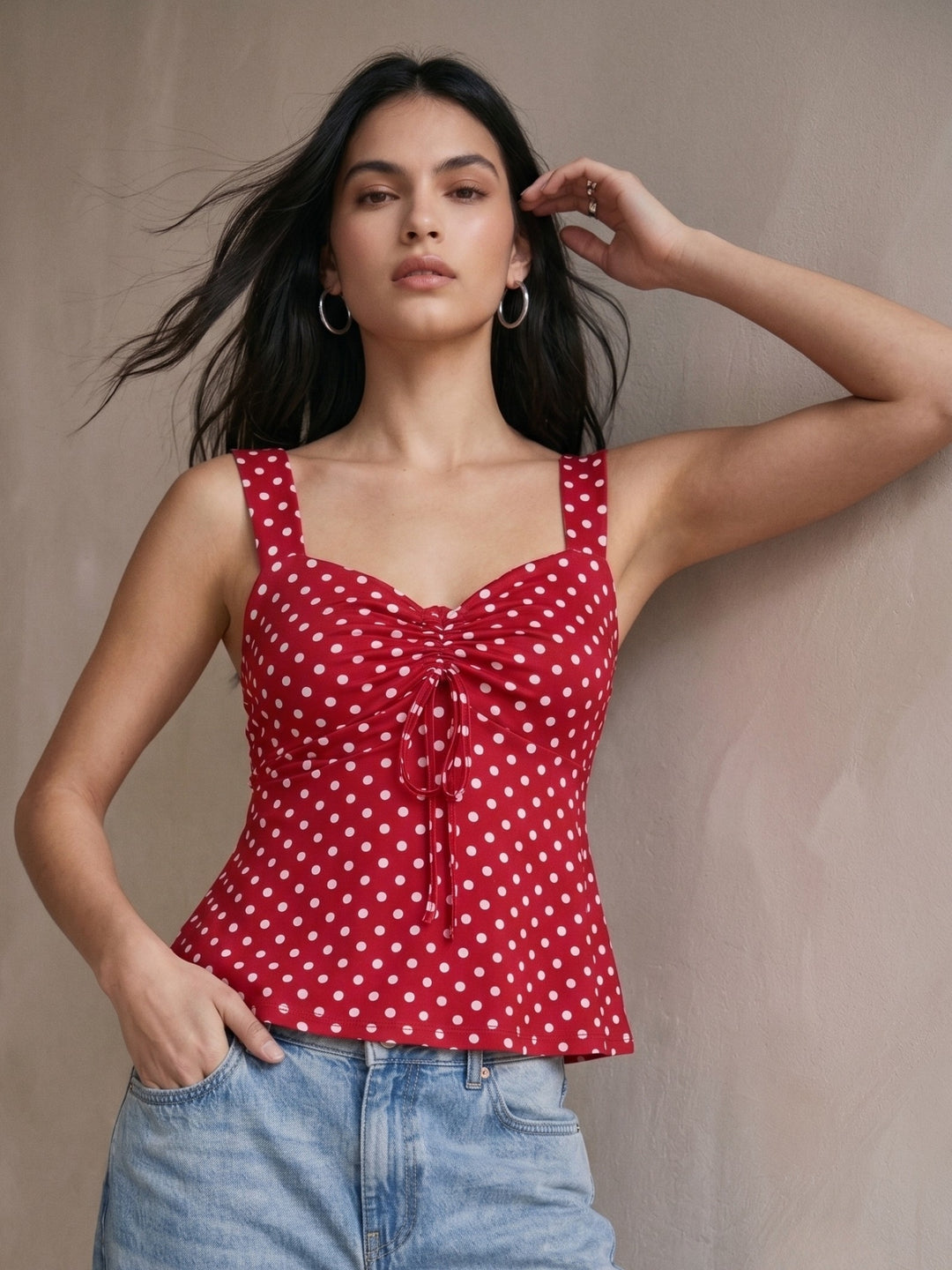 Red Polka Dotted Sweetheart Neckline Peplum Top