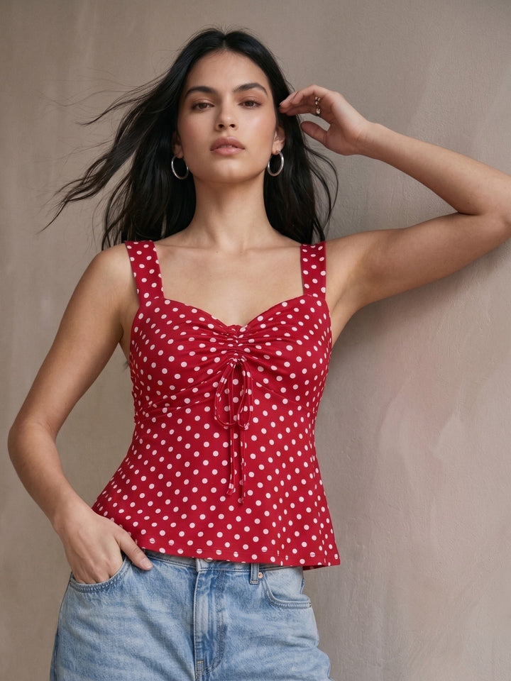 Red Polka Dotted Sweetheart Neckline Peplum Top
