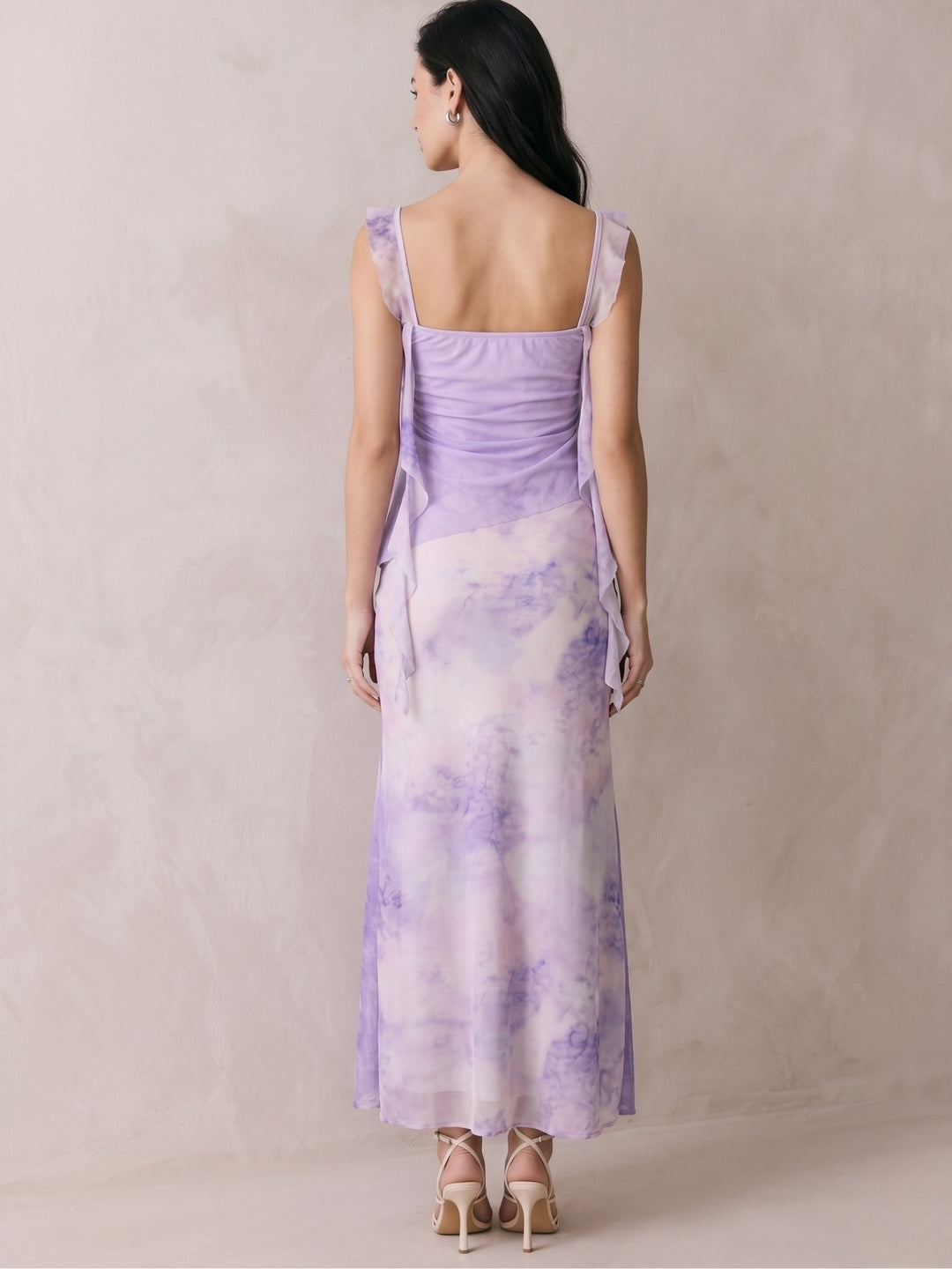 Lavender Cowl Neck Floral Printed Mesh Dress