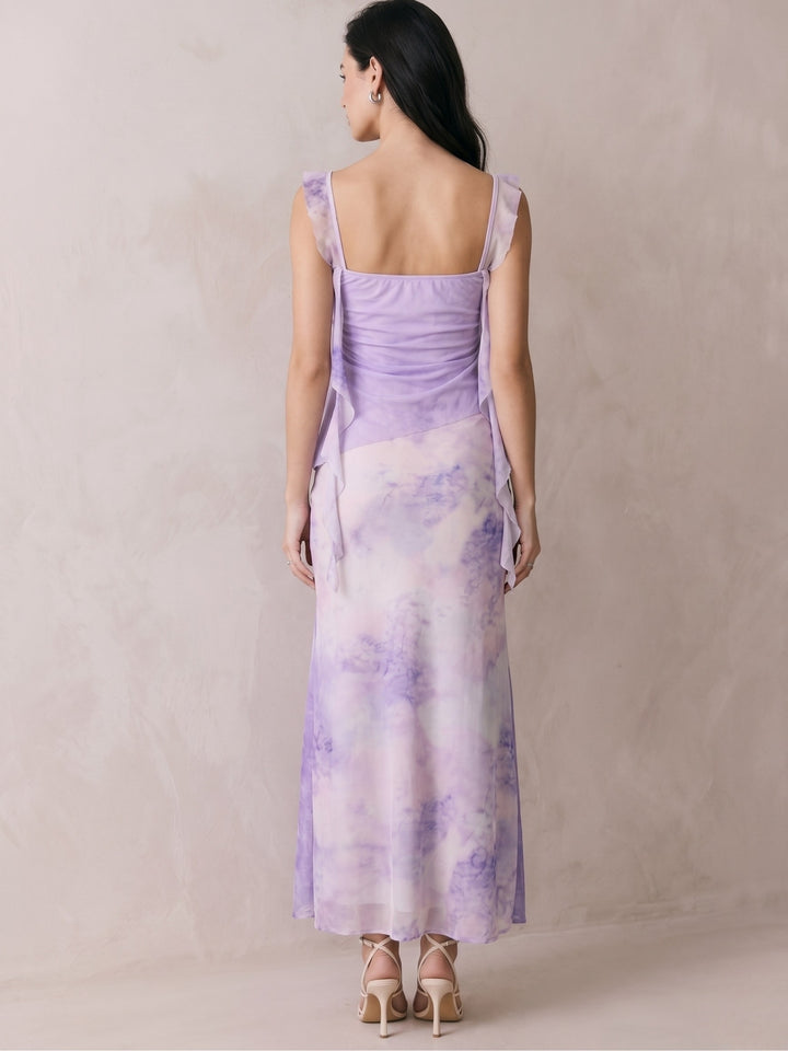 Lavender Cowl Neck Floral Printed Mesh Dress