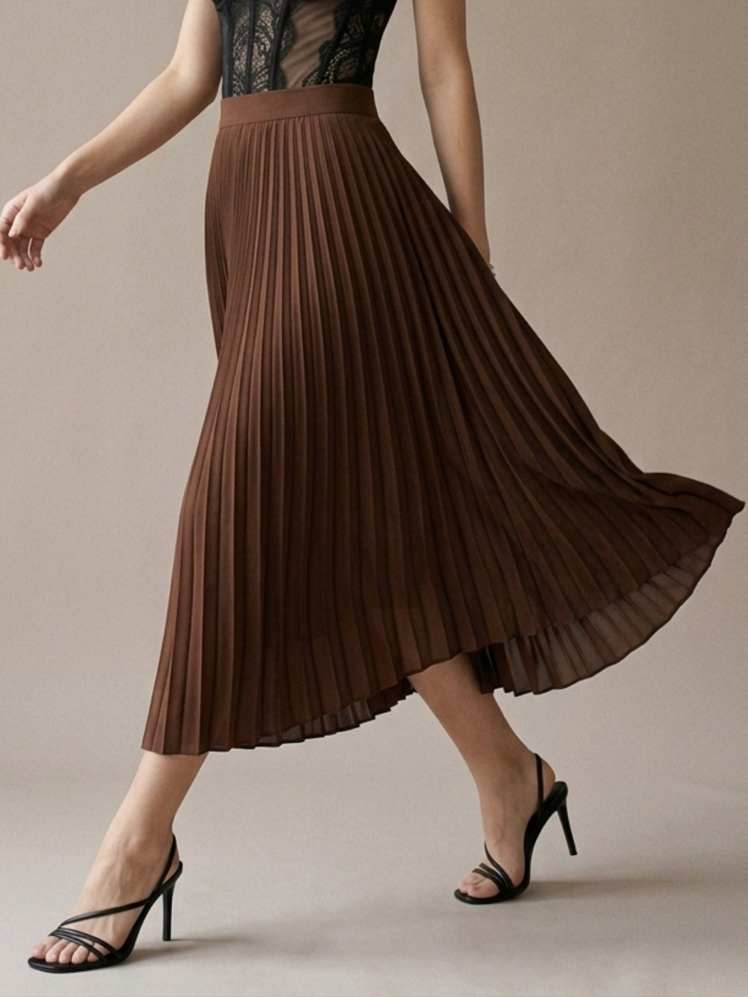 Brown Flowy Pleated Skirt