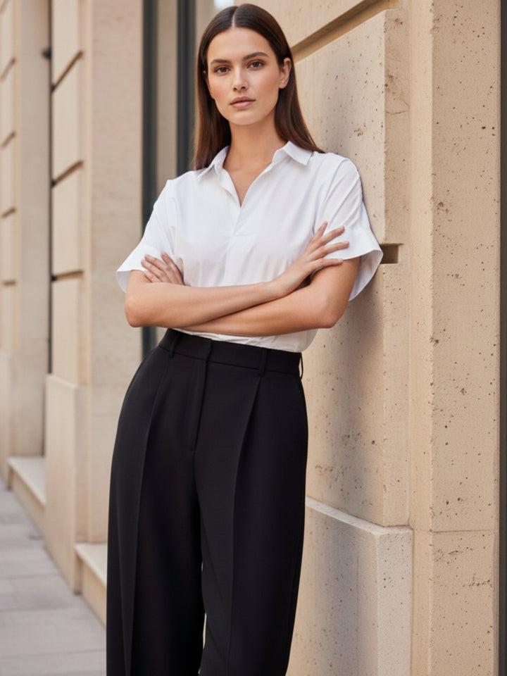 White Beige Boxy Shirt With Rolled Short Sleeves