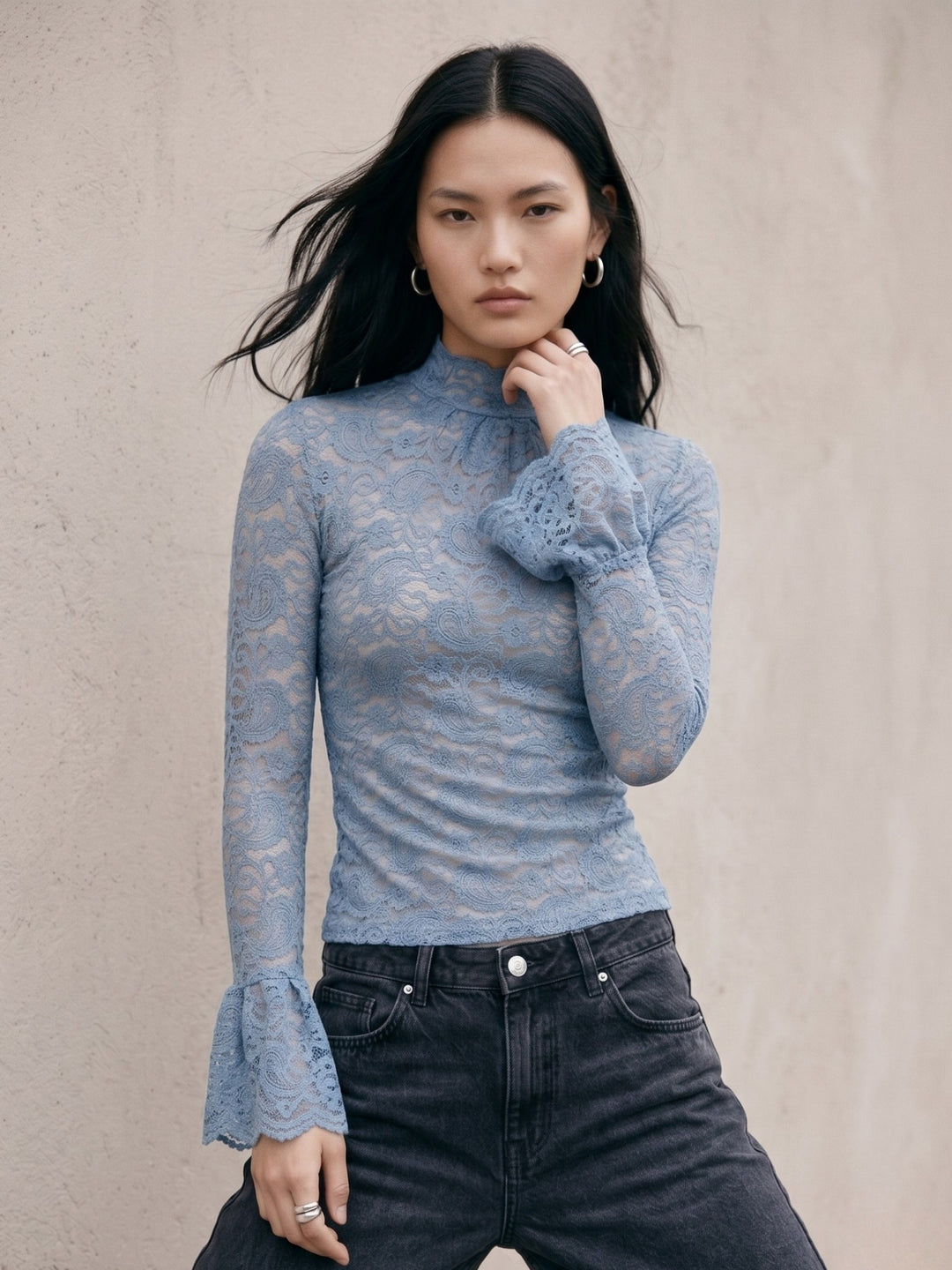 Blue Lace Sheer Fitted Top