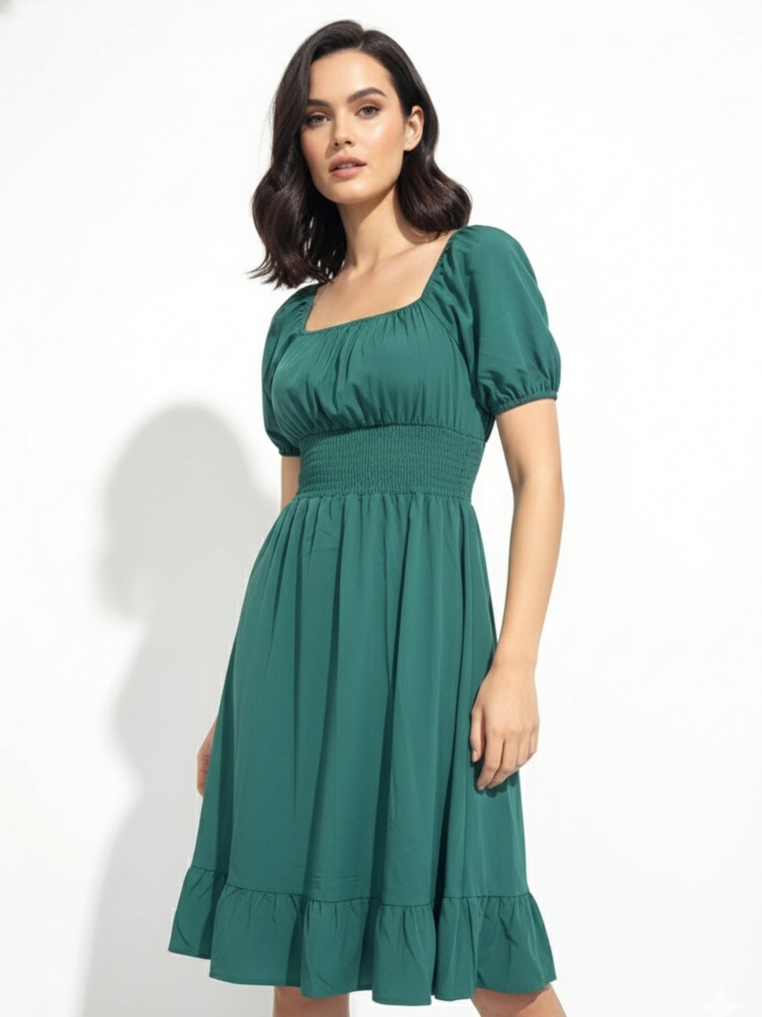 Green Square Neck Cinched Waist Dress