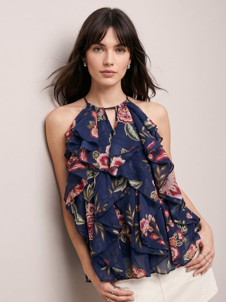 Navy Blue Halter Neck Ruffles Flared Printed Top