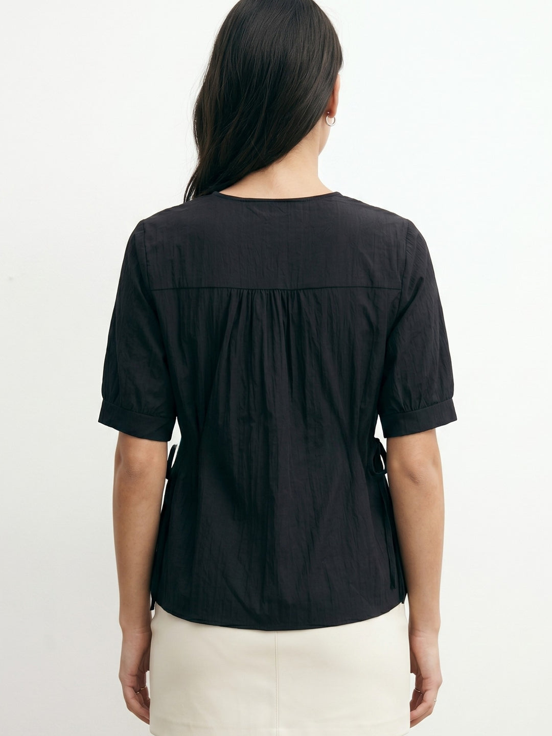 Black Waist Cinched Front Buttoned Top