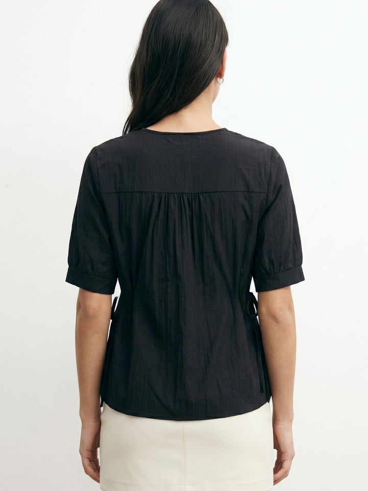 Black Waist Cinched Front Buttoned Top