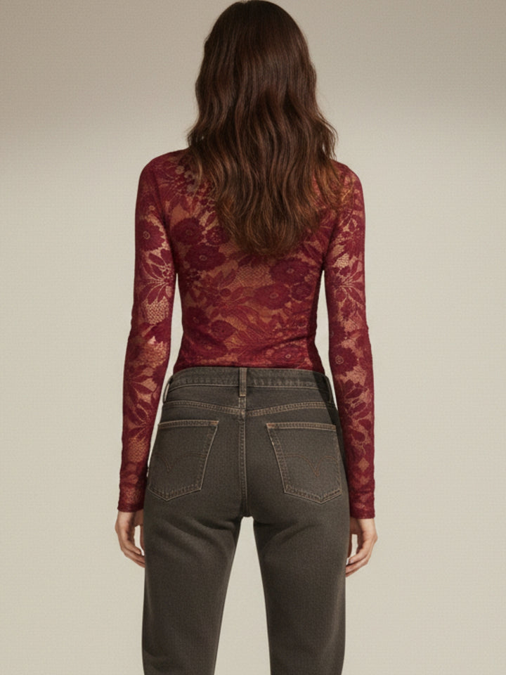 Maroon Lace Detail Key Hole Top