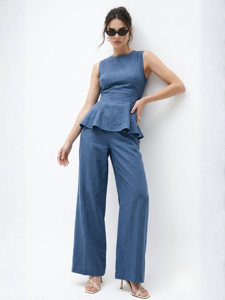 Blue Peplum Top With Wide Leg Trousers Co-Ord Set