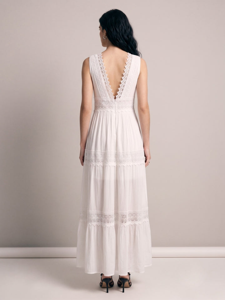 White Plunge Neck Lace Inserts Dress