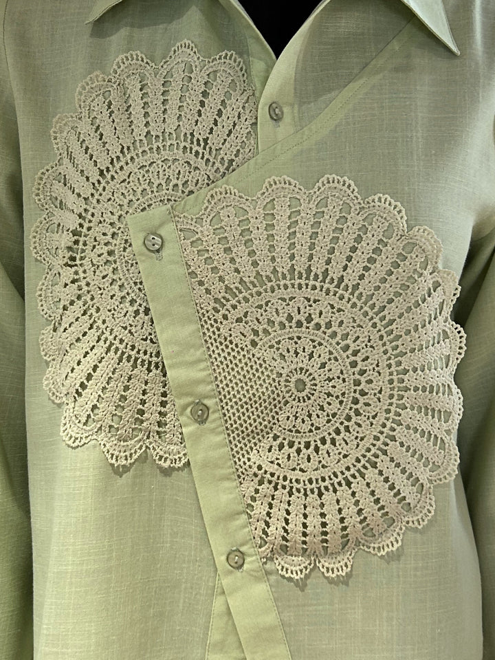 Sea Green Relaxed Fit Shirt With Assymetric Center Front And Lace Patch Detail