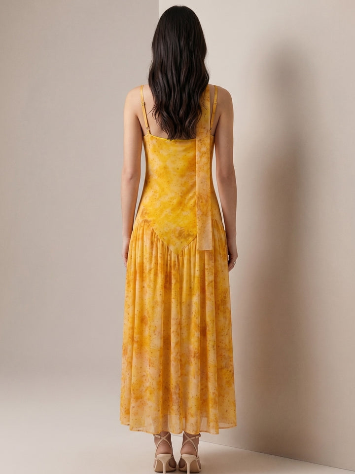 Mustard Printed Drop Waist Dress With Scarf Detail